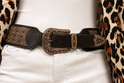 Rhinestone & Metal Studded Wide Leather Belt