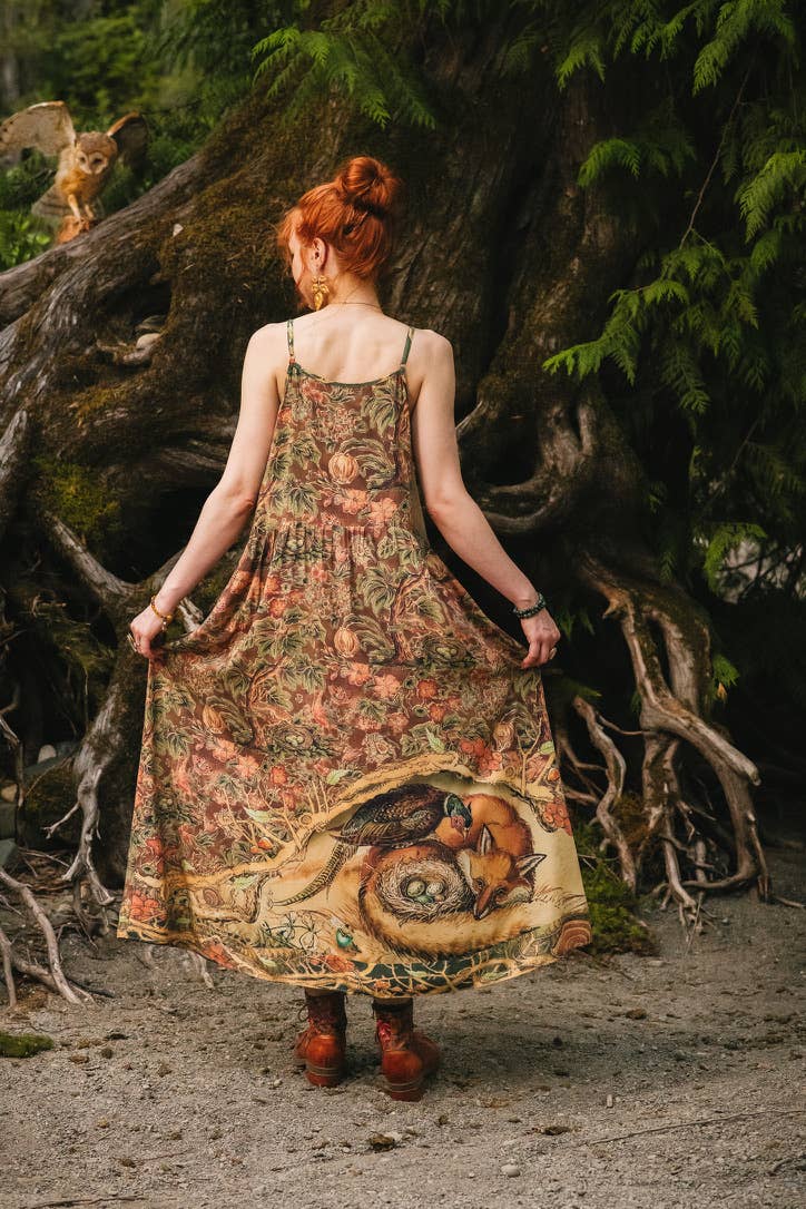 Woodland Wisdom Bohéme Maxi Slip Dress w/ Florals, Fox & Owl