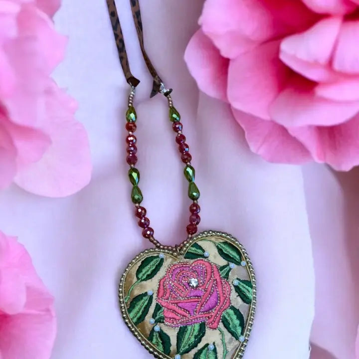 Satin Embroidered Rose Heart Necklace