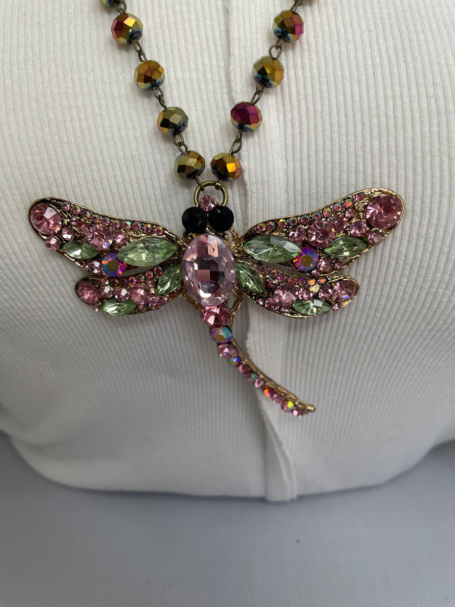 Rhinestone Pink Dragonfly Necklace by Gina