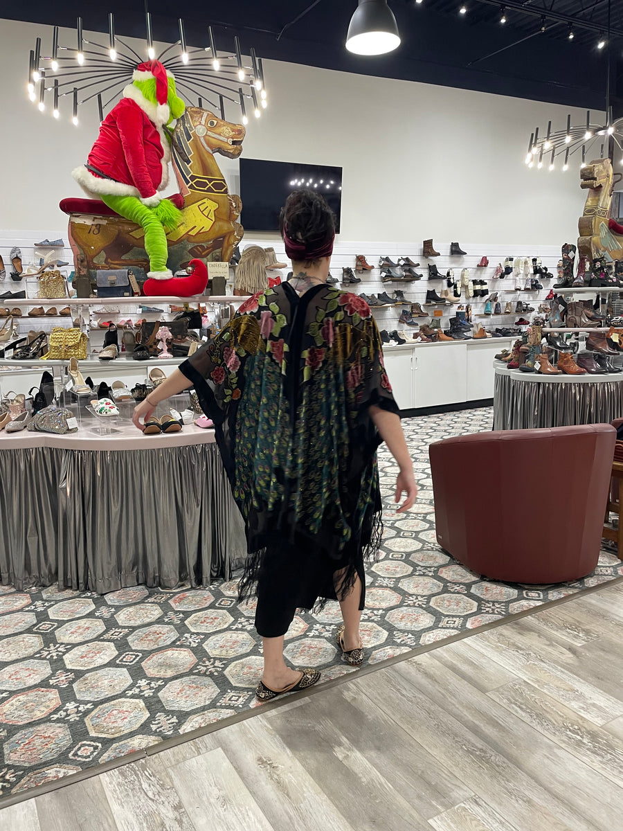Silk Burnout Velvet Fringe Peacock Kimono by Aris A