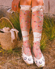 Sheer Rosettes Ruffle Bow Knee High Sock