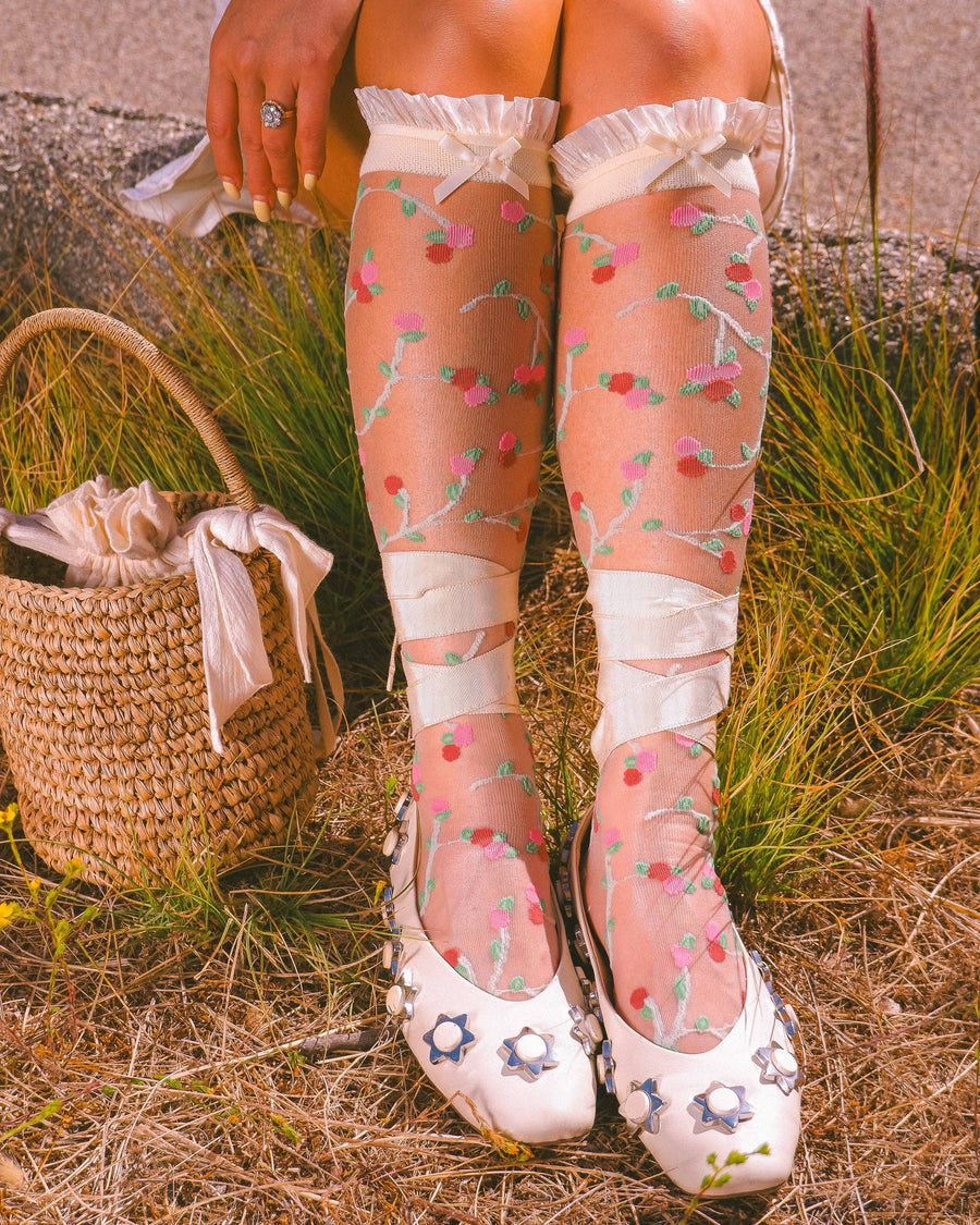 Sheer Rosettes Ruffle Bow Knee High Sock