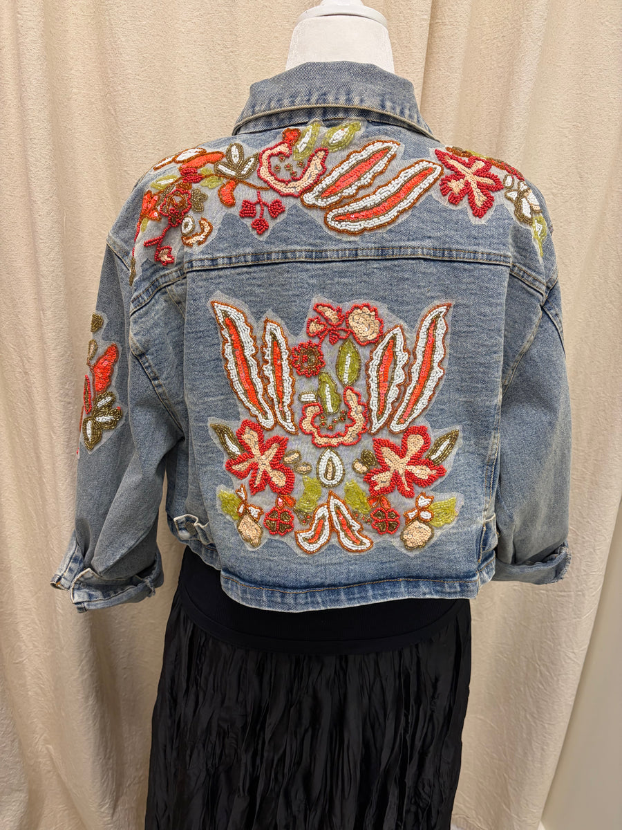 Beaded Cropped Jean Jacket