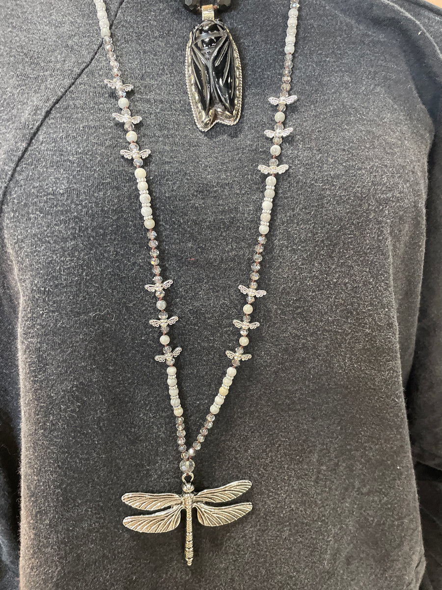 Silver Charmed Atlas Jasper Dragonfly Necklace