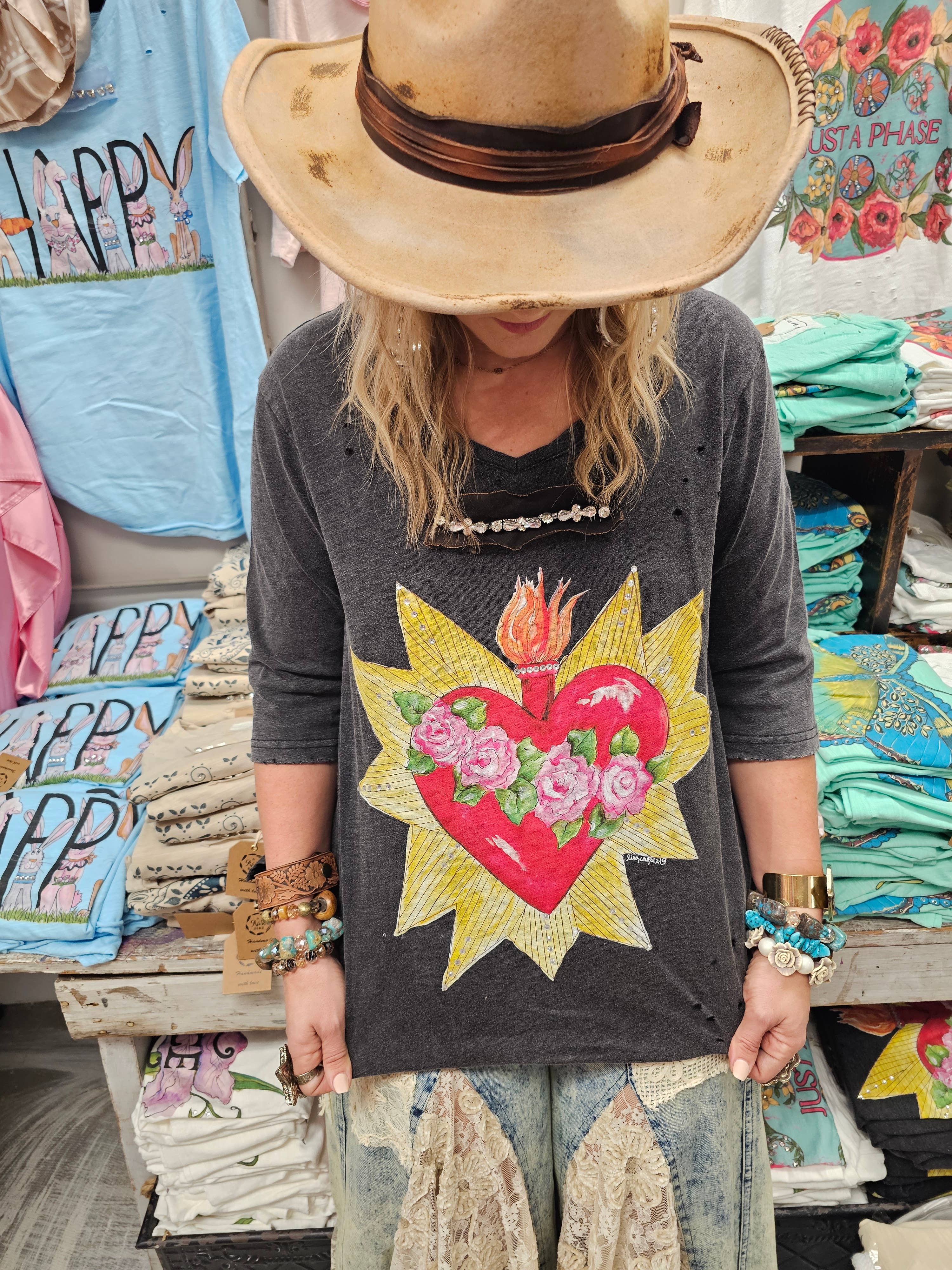 Blazing Heart 3/4 Tattered Tee Robin Boutique
