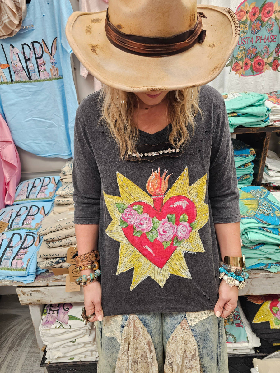 Blazing Heart 3/4 Tattered Tee Robin Boutique