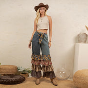 Mixed Print Ruffle Flare Pants by Young Threads