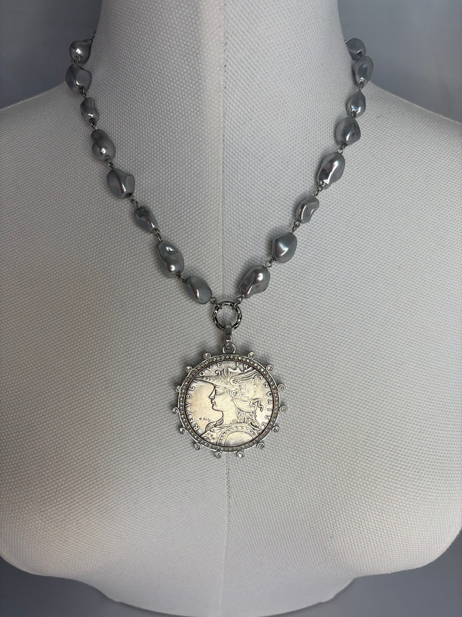 Pearl Vintage French Coin Pendant Necklace