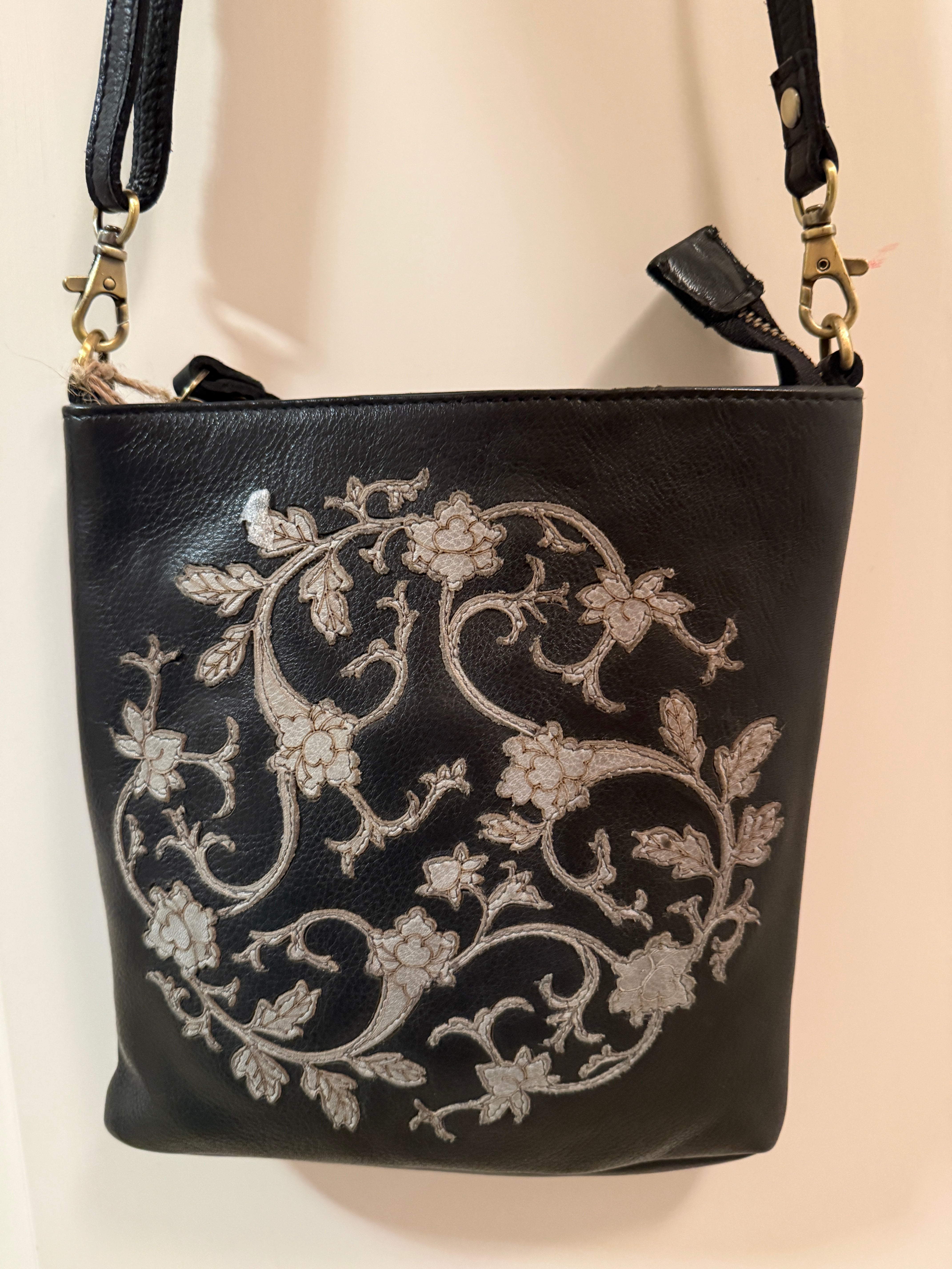 406A Black leather with Grey Floral by Milo - Robin Boutique