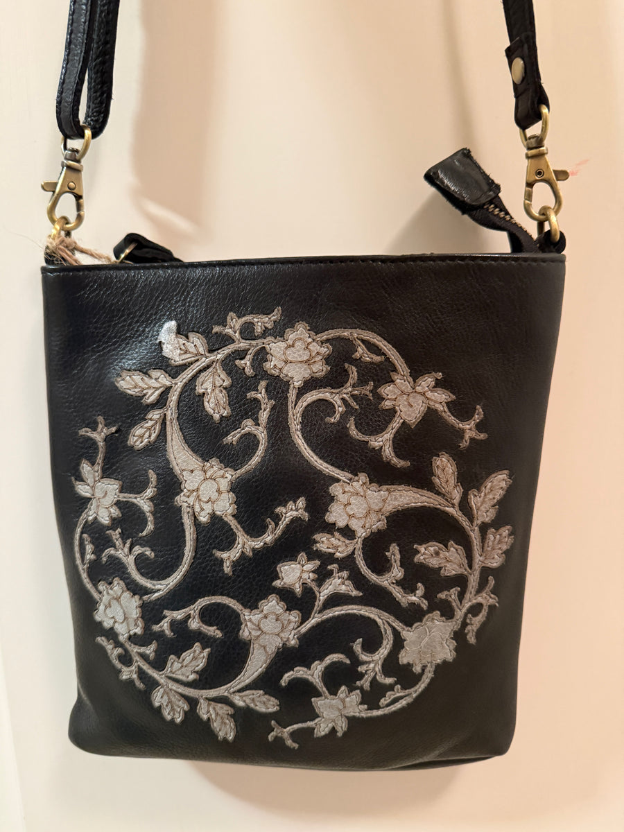 406A Black leather with Grey Floral by Milo - Robin Boutique