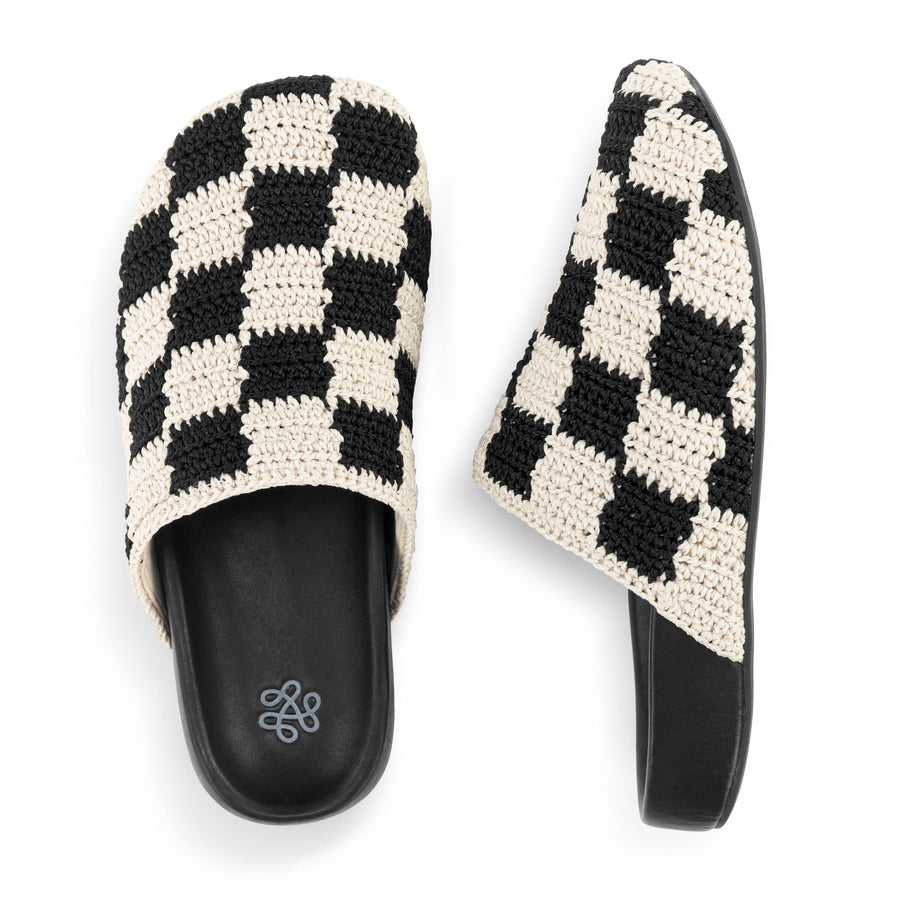 Bolinas Crochet Clog by The Sak in Black Check, a two-tone black check hand-crocheted backless clog with a leather footbed – view 5 -Robin Boutique