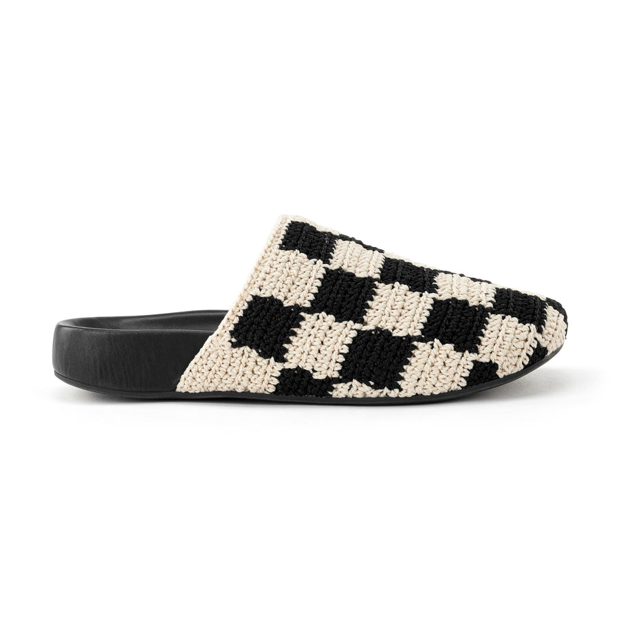 Bolinas Crochet Clog by The Sak in Black Check, a two-tone black check hand-crocheted backless clog with a leather footbed – view 4 -Robin Boutique