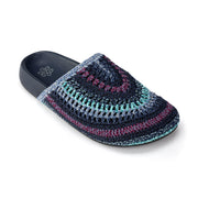 Bolinas Crochet Clog by The Sak in Lapis Stripe, a cool-toned rainbow-striped hand-crocheted backless clog with a leather footbed – view 3 -Robin Boutique