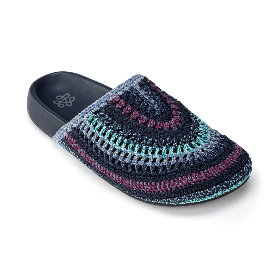 Bolinas Crochet Clog by The Sak in Lapis Stripe, a cool-toned rainbow-striped hand-crocheted backless clog with a leather footbed – view 3 -Robin Boutique