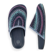 Bolinas Crochet Clog by The Sak in Lapis Stripe, a cool-toned rainbow-striped hand-crocheted backless clog with a leather footbed – view 5 -Robin Boutique