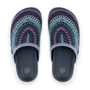 Bolinas Crochet Clog by The Sak in Lapis Stripe, a cool-toned rainbow-striped hand-crocheted backless clog with a leather footbed -Robin Boutique