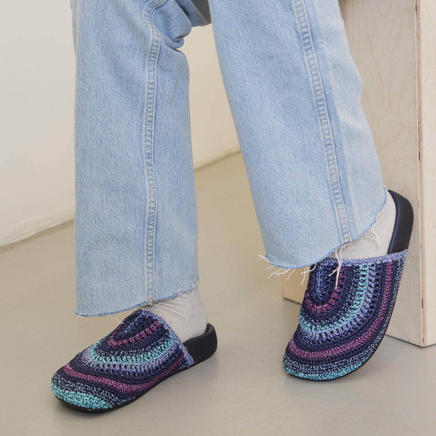Bolinas Crochet Clog by The Sak in Lapis Stripe, a cool-toned rainbow-striped hand-crocheted backless clog with a leather footbed – view 2 -Robin Boutique