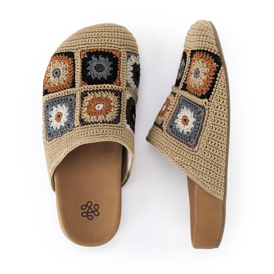 Bolinas Crochet Clog by The Sak in Acorn Patch, an earthy hand-crocheted patchwork backless clog with a leather footbed – view 4 -Robin Boutique