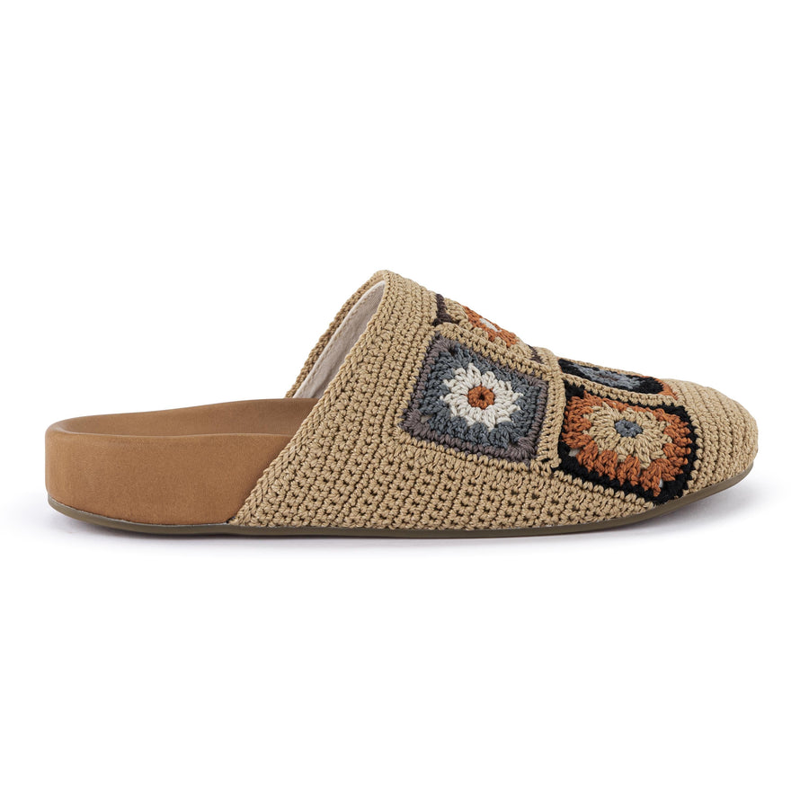 Bolinas Crochet Clog by The Sak in Acorn Patch, an earthy hand-crocheted patchwork backless clog with a leather footbed – view 3 -Robin Boutique