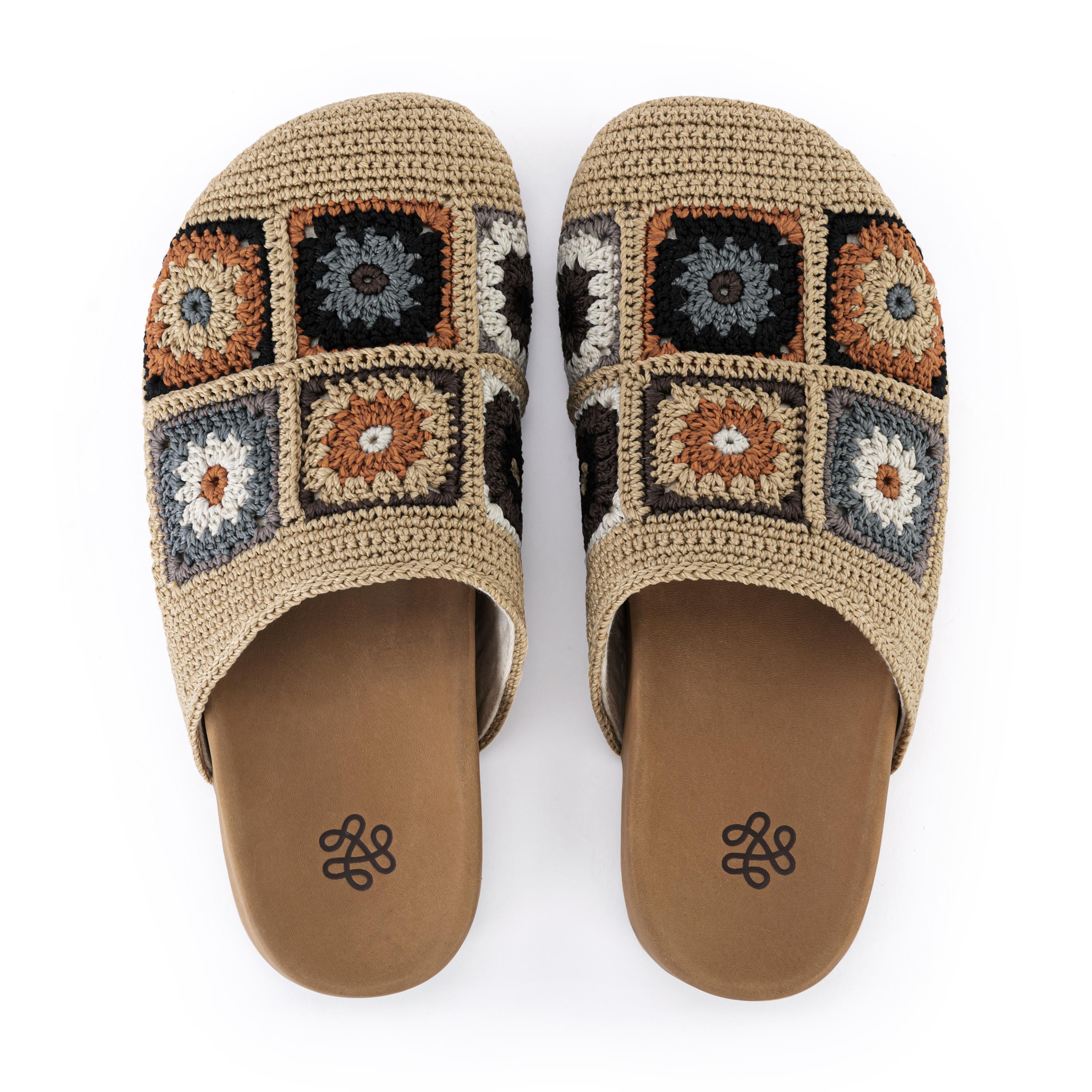 Bolinas Crochet Clog by The Sak in Acorn Patch, an earthy hand-crocheted patchwork backless clog with a leather footbed -Robin Boutique