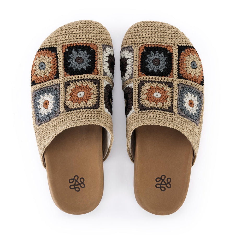 Bolinas Crochet Clog by The Sak in Acorn Patch, an earthy hand-crocheted patchwork backless clog with a leather footbed -Robin Boutique