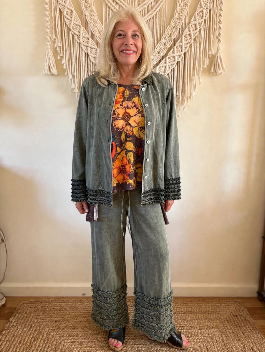 Ruffled Hem Mineral Wash Pants by The Paper Lace