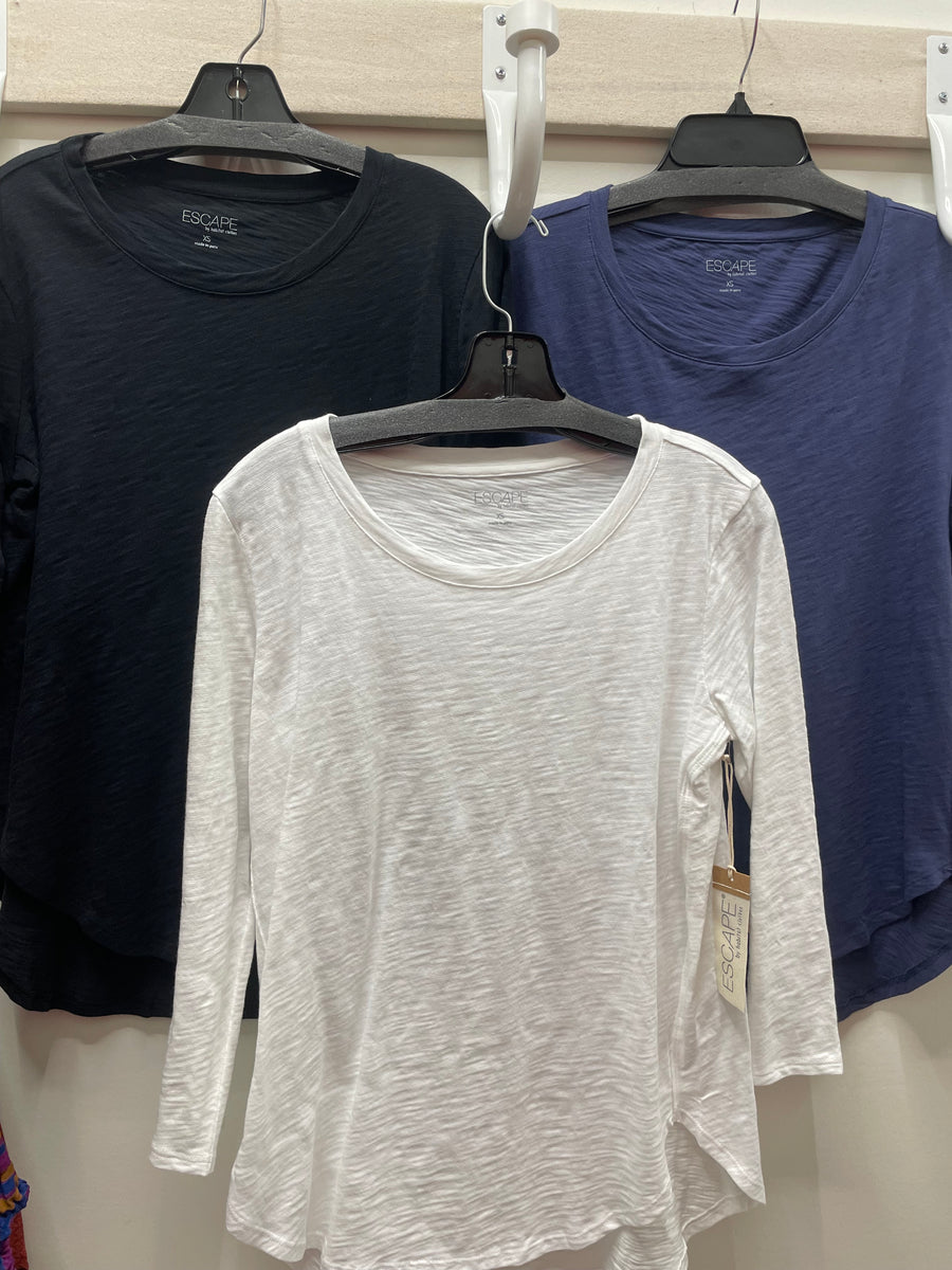 Solid Cotton Slub 3/4 Sleeve High-Low Tee by Escape