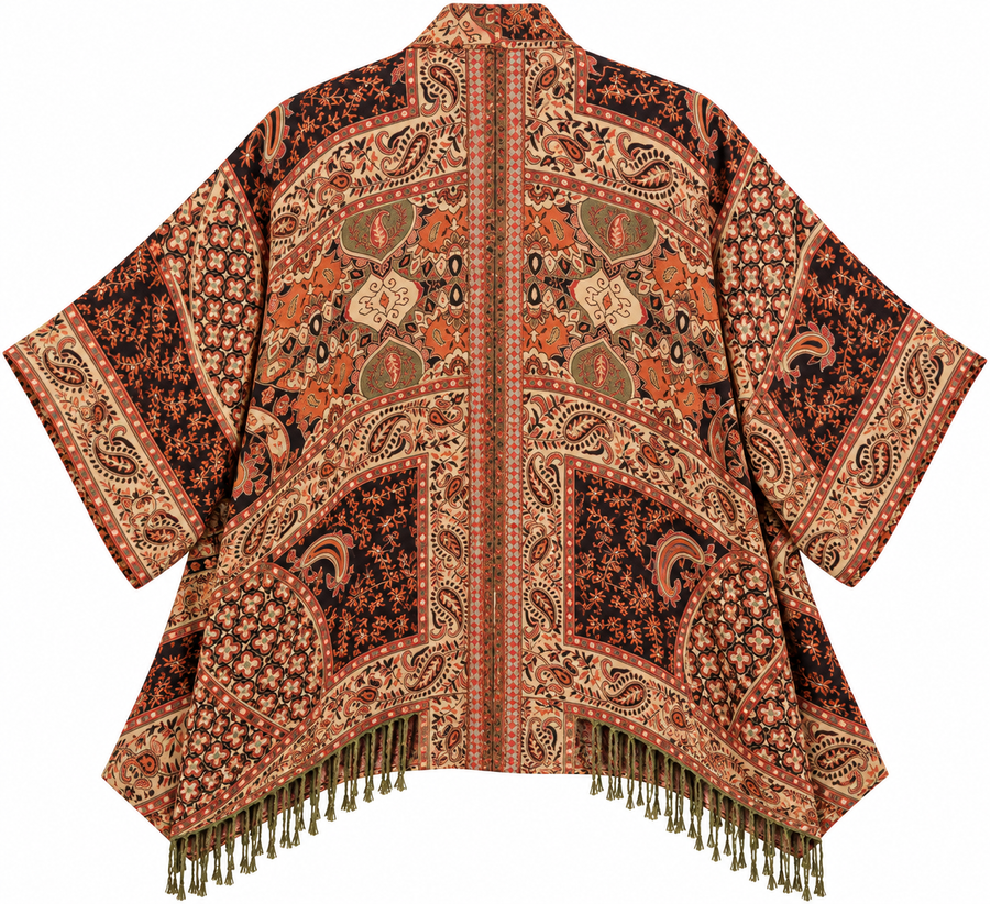 Bohemian Tapestry Kimono Jacket with Fringe