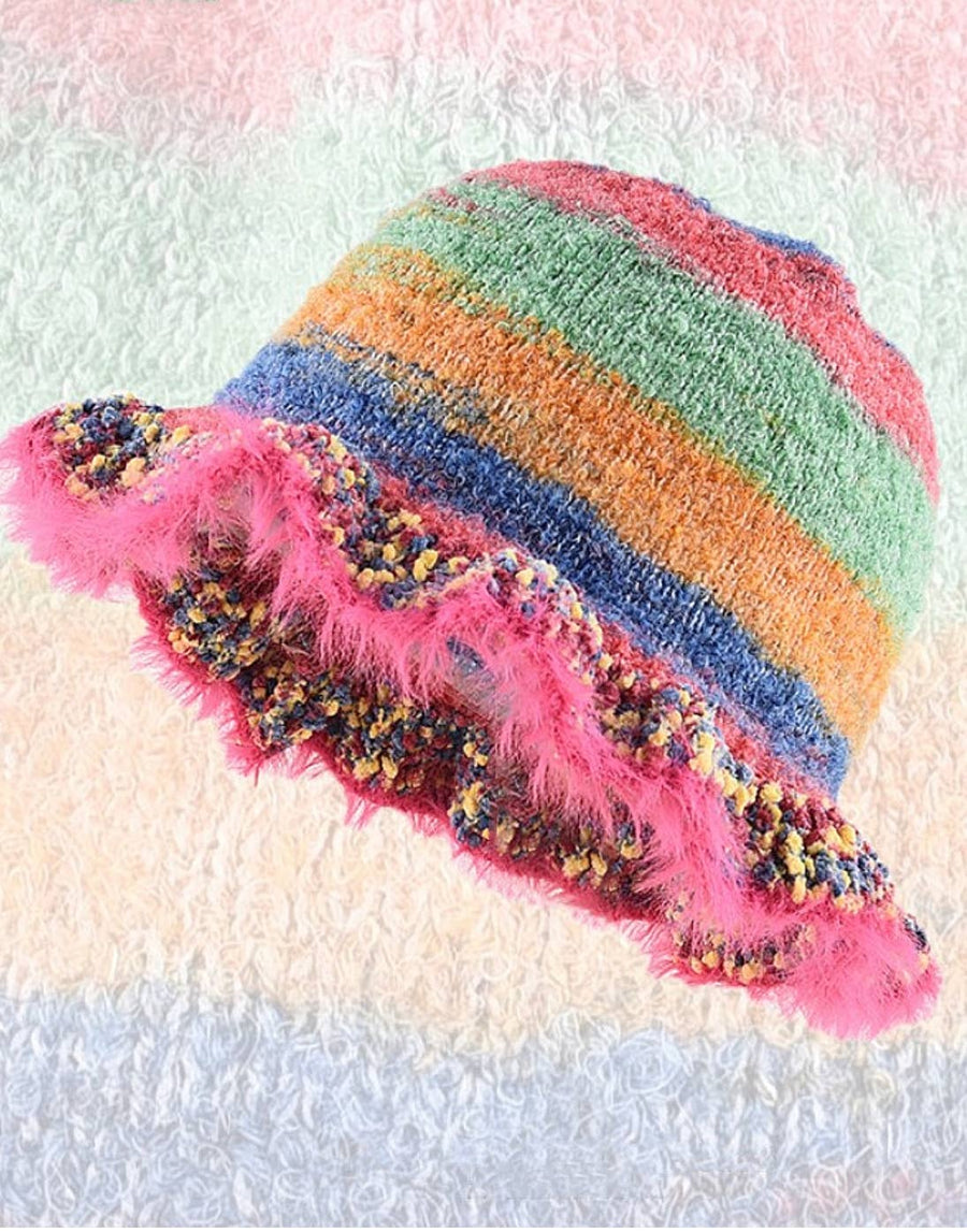 Colorful Mohair-Feel Ruffle Knit Beanie
