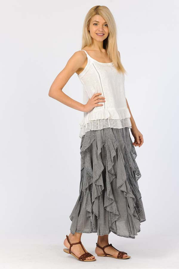 Long Lace Ruffle Skirt in Dark Grey
