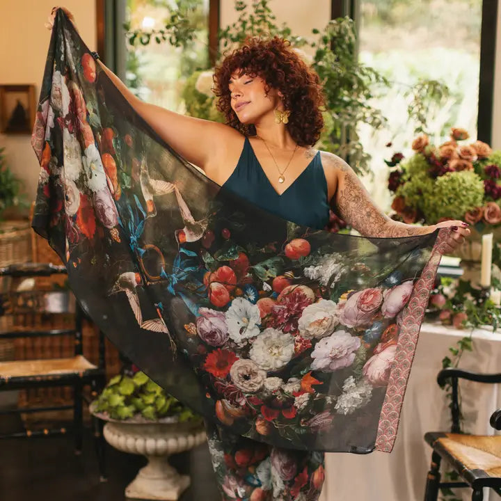 Flight of Fancy Scarf with Hummingbirds a& Floral by Market of Stars Robin Boutique