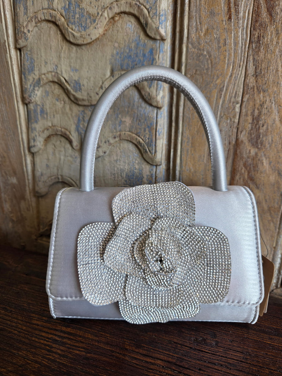 Satin Evening Bag with Large Rhinestone Flower Detail Robin Boutique