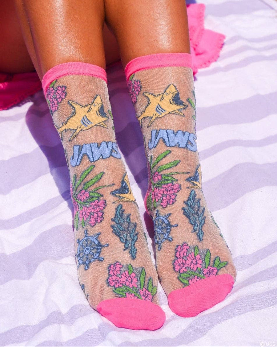 JAWS Aquatic Florals Shimmer Sheer Crew Sock