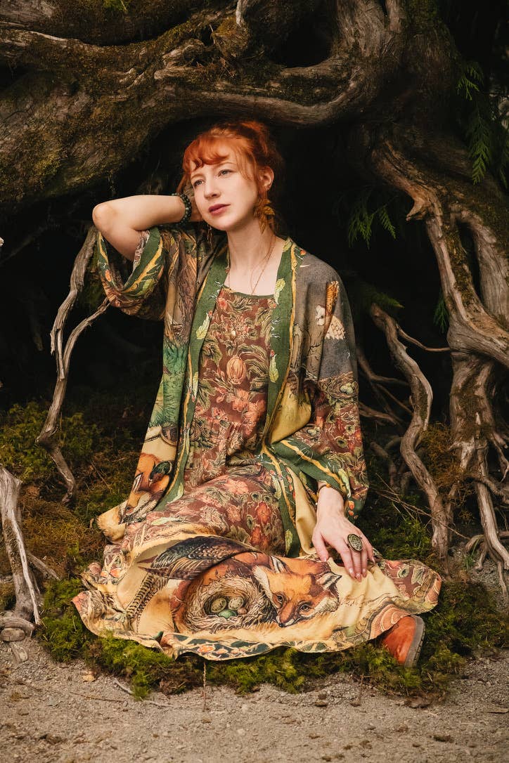 Woodland Wisdom Bohéme Maxi Slip Dress w/ Florals, Fox & Owl