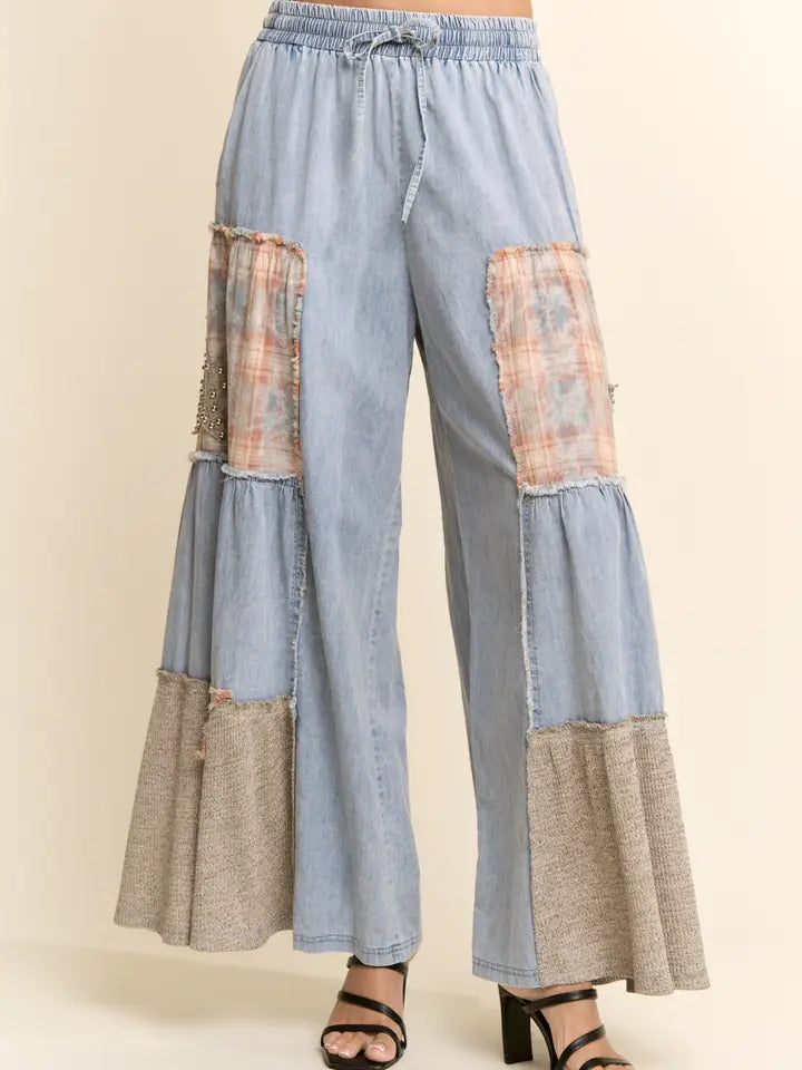 Printed Lace Denim Palazzo Pants by Davi & Dani