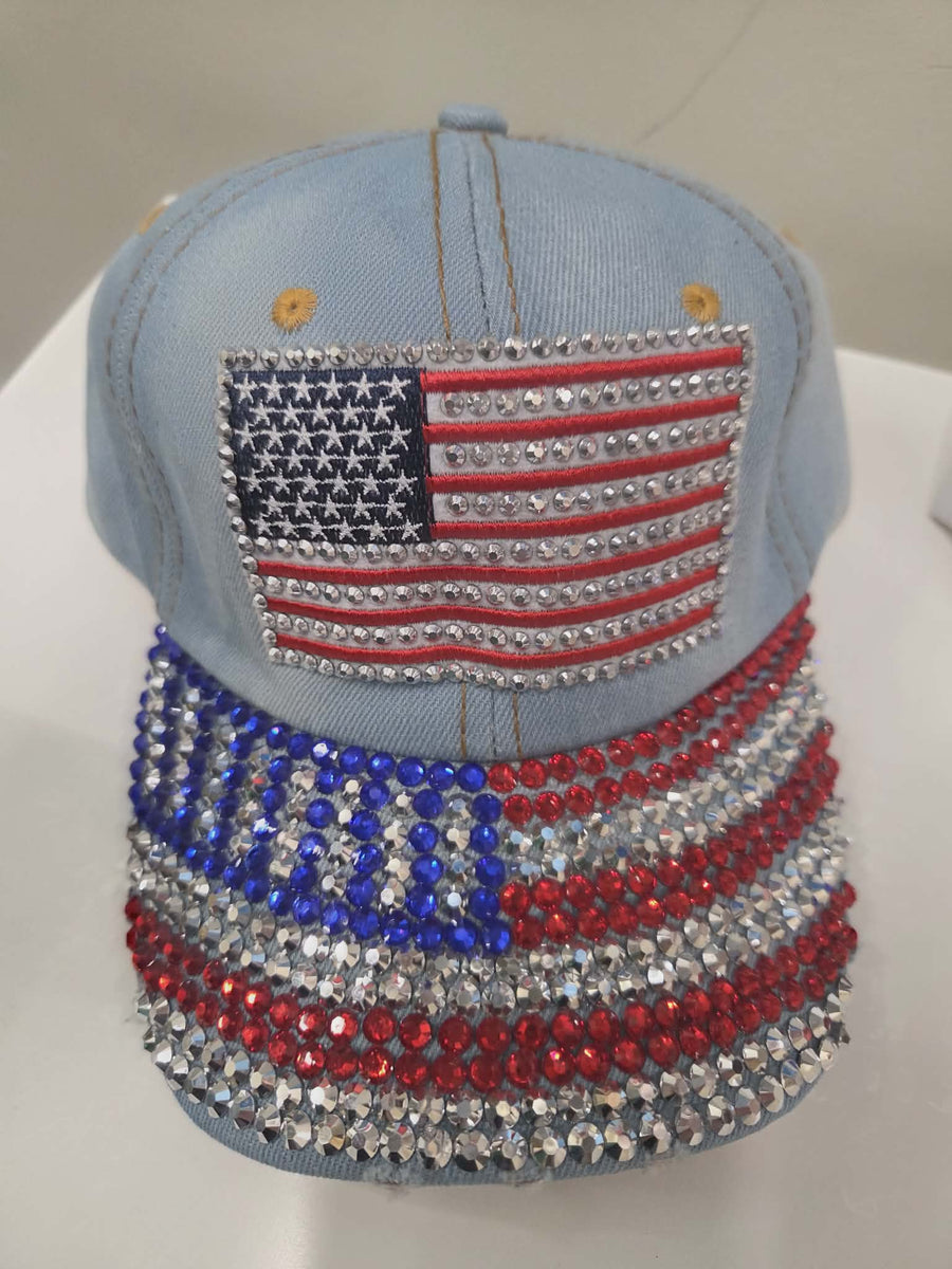America Denim Rhinestone Cap