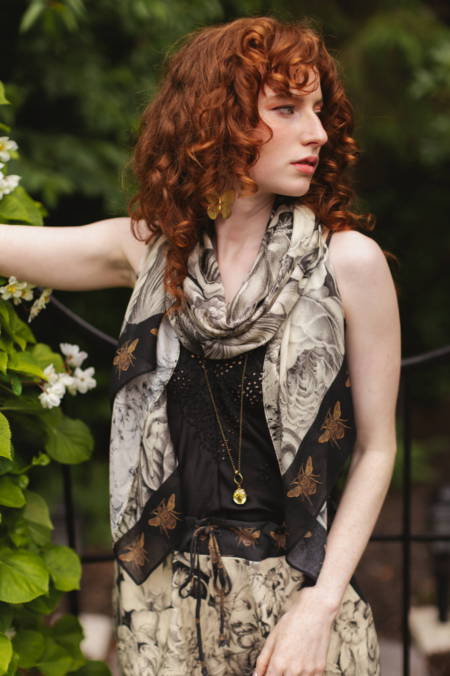 Honey & The Moon Scarf with Neutral Floral Print & Bees