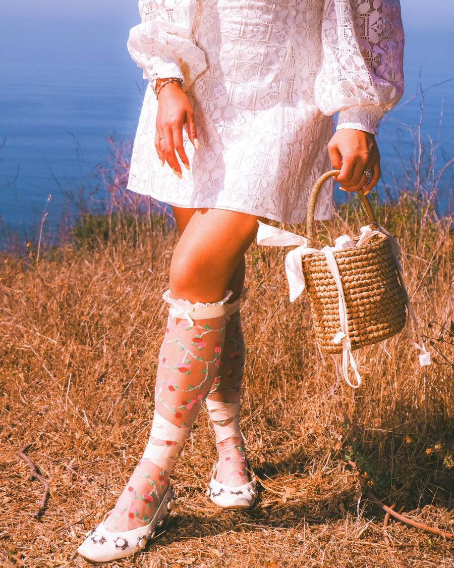 Sheer Rosettes Ruffle Bow Knee High Sock