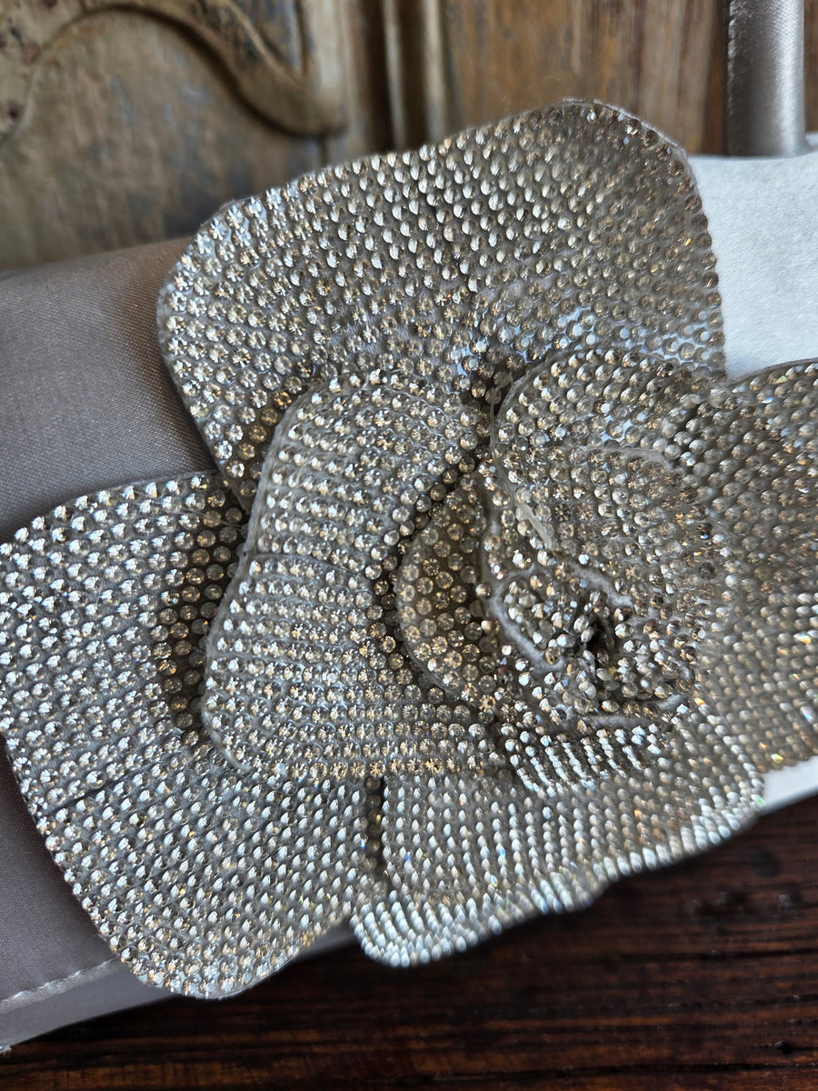 Satin Evening Bag with Large Rhinestone Flower Detail Robin Boutique