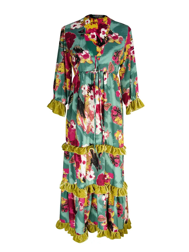 Fuchsia Fae Velvet Ruffle Maxi Dress