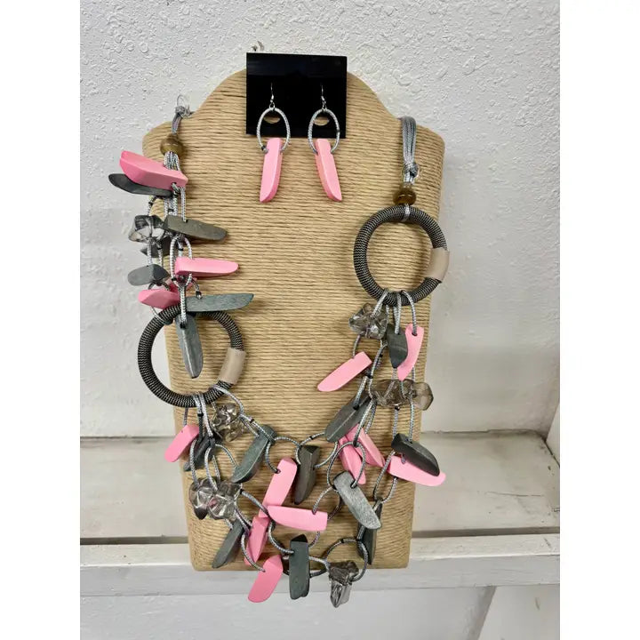 Pink and Grey Rings Necklace Set