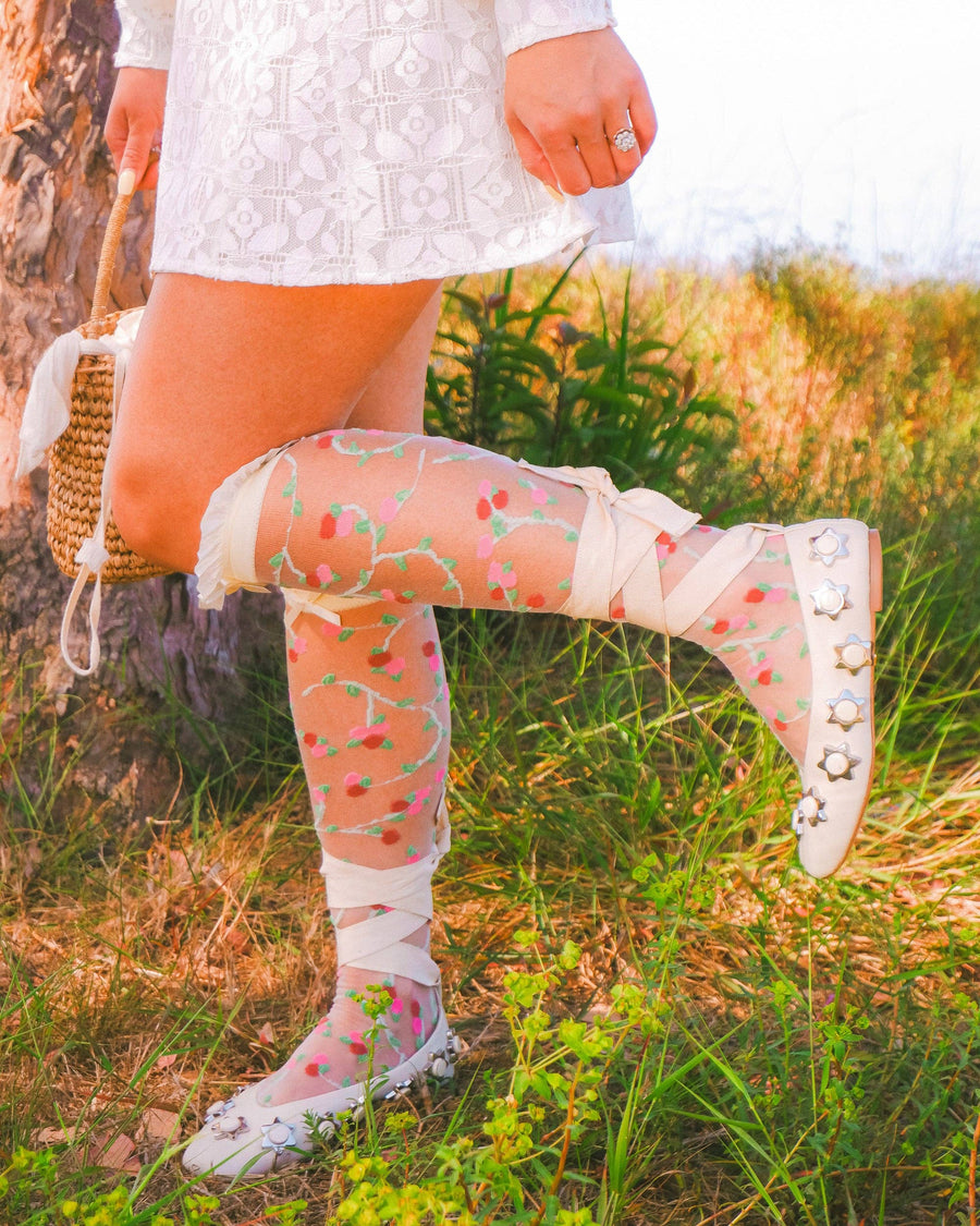 Sheer Rosettes Ruffle Bow Knee High Sock