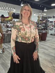 Sparkling Sheer Mesh Layering Shirt in Vintage Christmas by Origami from Robin Boutique.