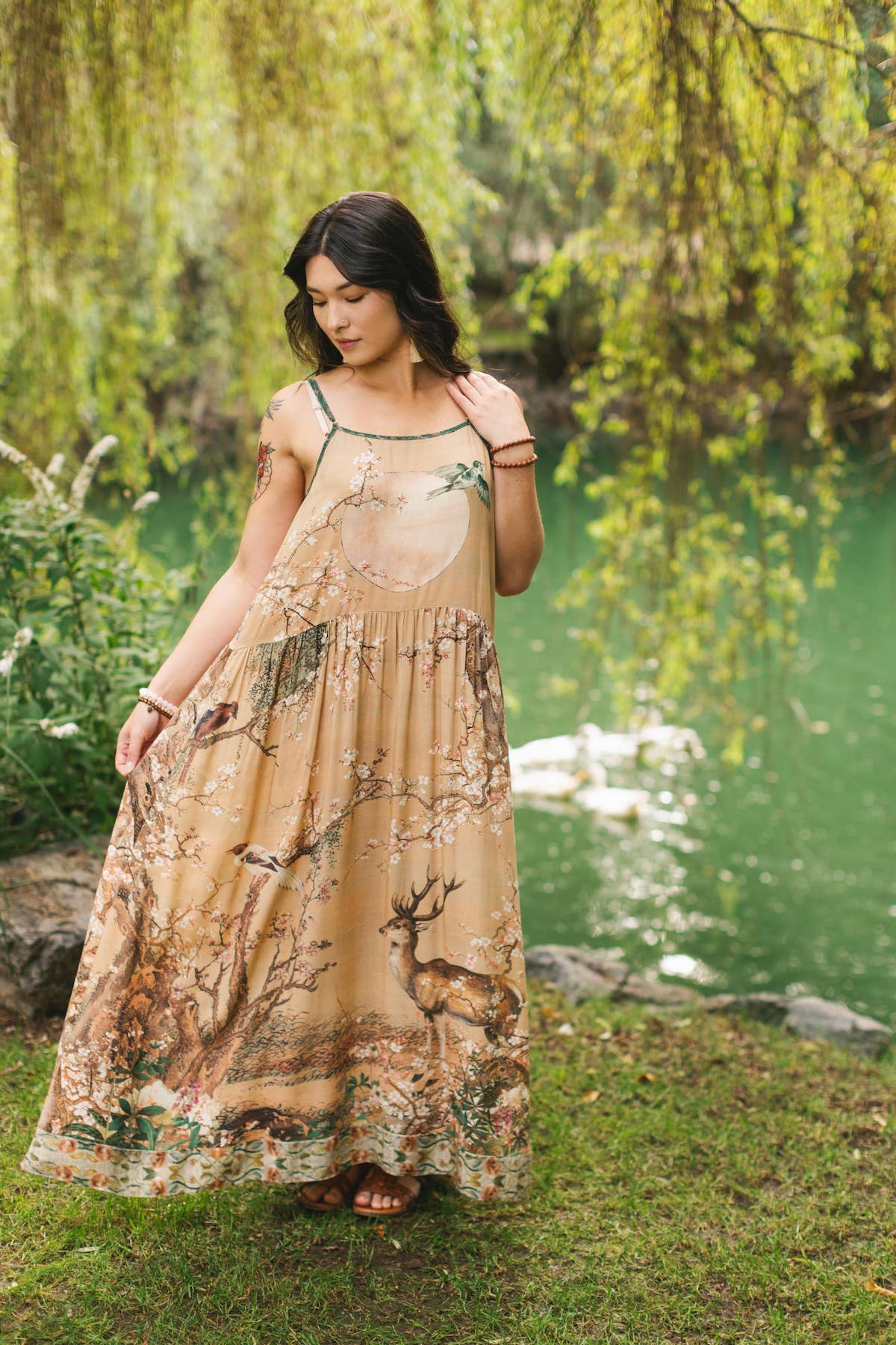 Fable Bohéme Long Maxi Slip Dress with Blossoms, Deer & Moon from Robin Boutique.