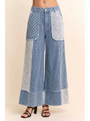 Checked Denim Lace Patch Wide Leg Pants by Davi & Dani