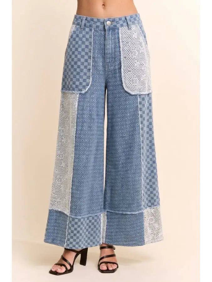 Checked Denim Lace Patch Wide Leg Pants by Davi & Dani