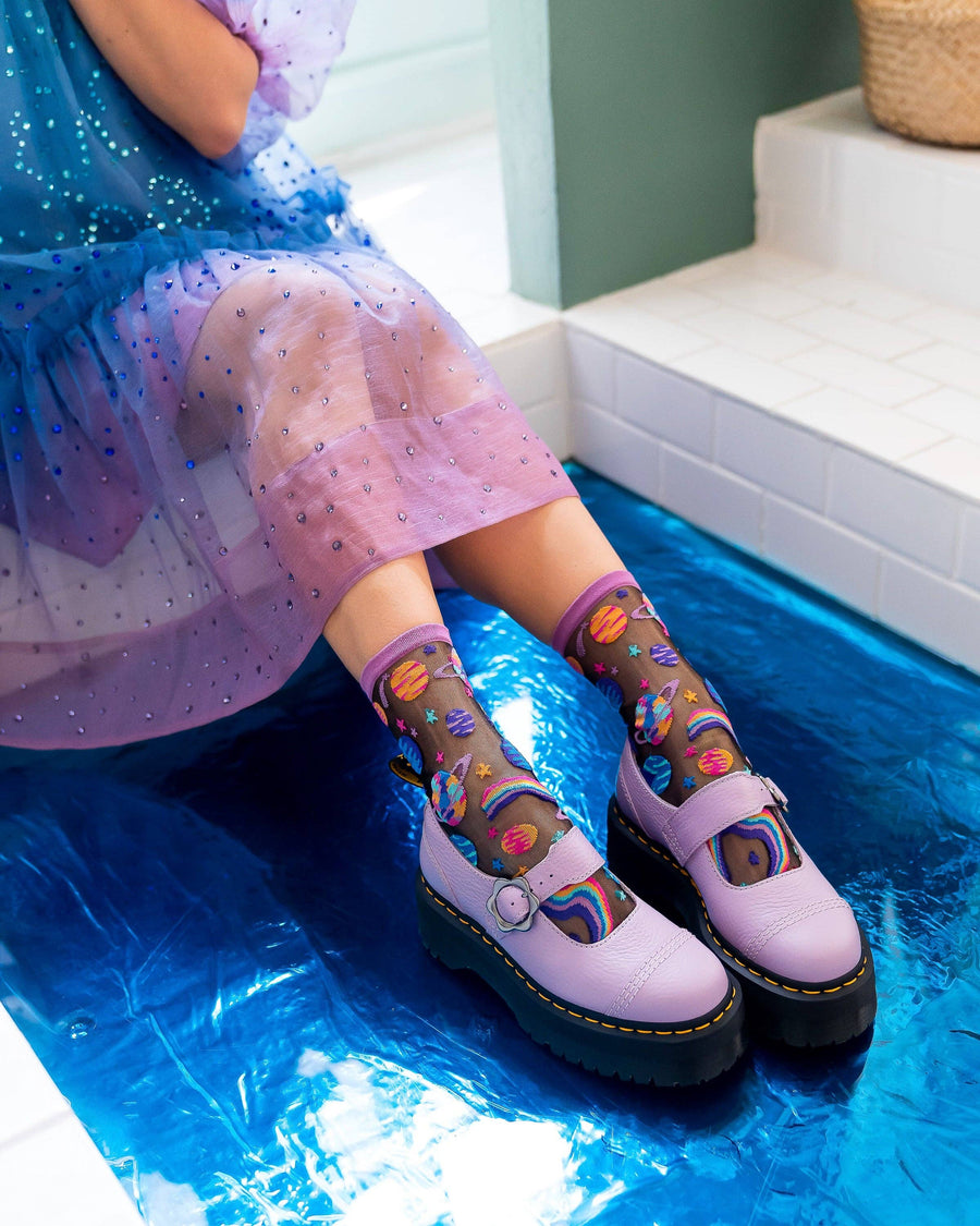 Pop Art Planets Black Sheer Crew Sock Robin Boutique