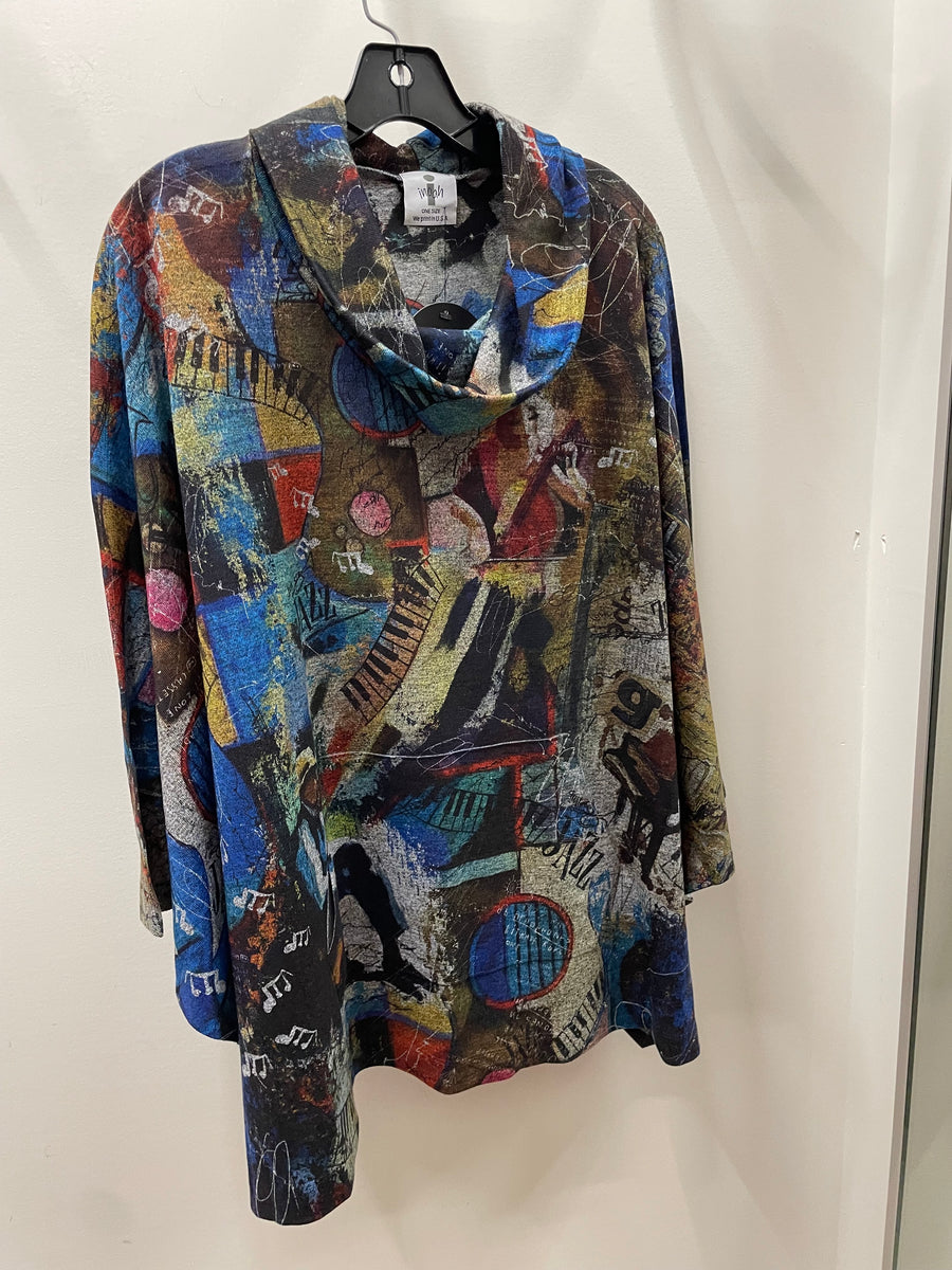 Cowl Neck Pullover in Blues & Jazz Print by Inoah