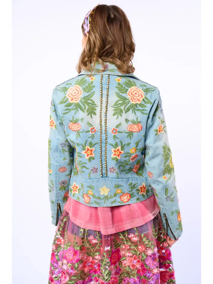 Lucinda Embroidered Denim Motorcycle Jacket by Aratta - Robin Boutique